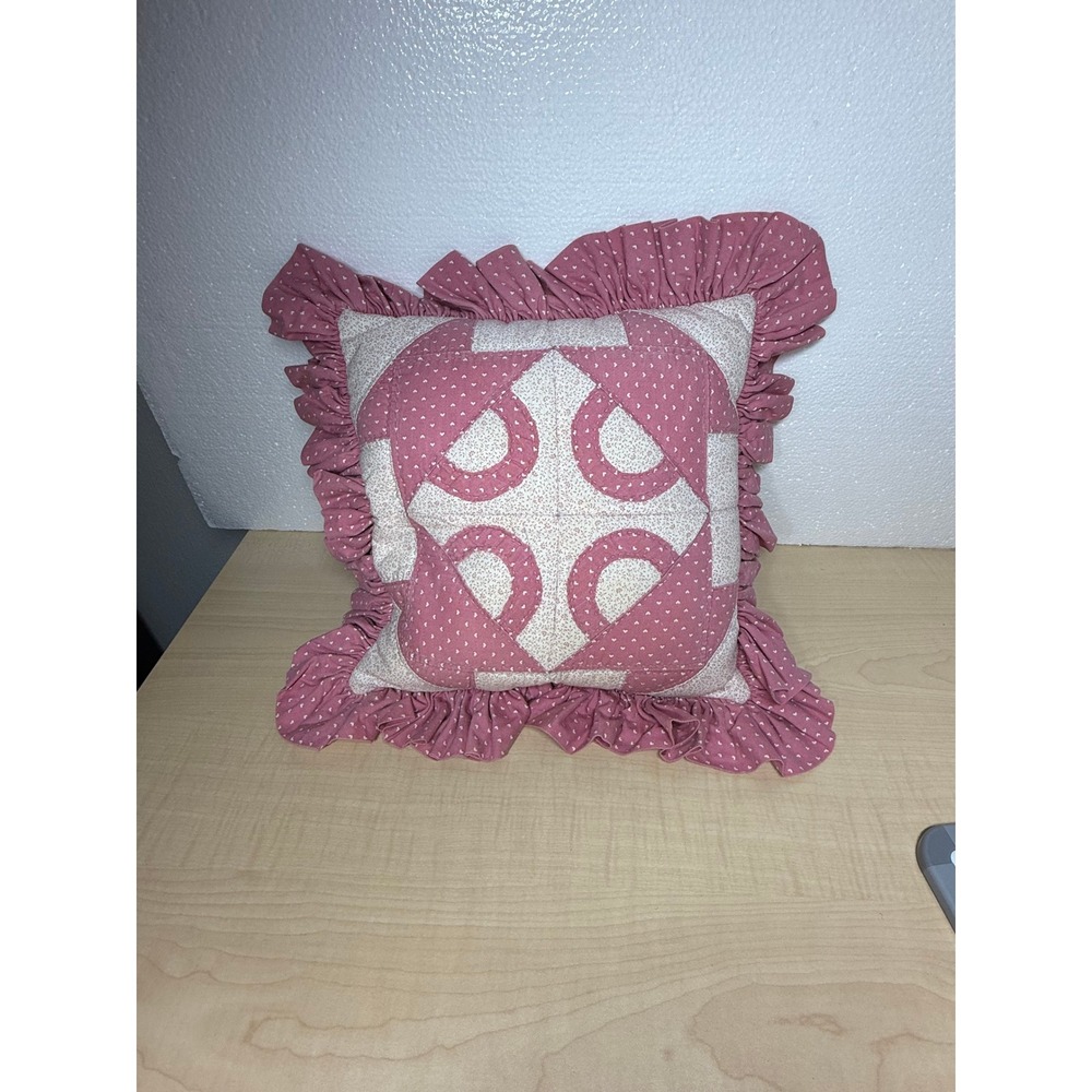 Quilted Pink Heart Floral Ruffle Throw Pillow Cottagecore 90's Farmhouse VTG - Picture 5 of 7